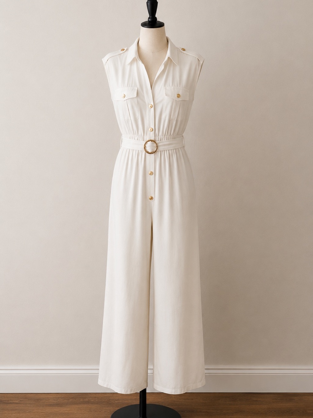 INC International Concepts White Sleeveless Shirt Jumper with Gold Buttons